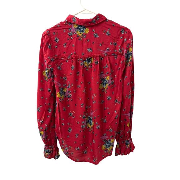 Anthropologie Maeve Boho Fredericka Birds Floral Long Shirt Ruffled Top Size 0 - Picture 2 of 3
